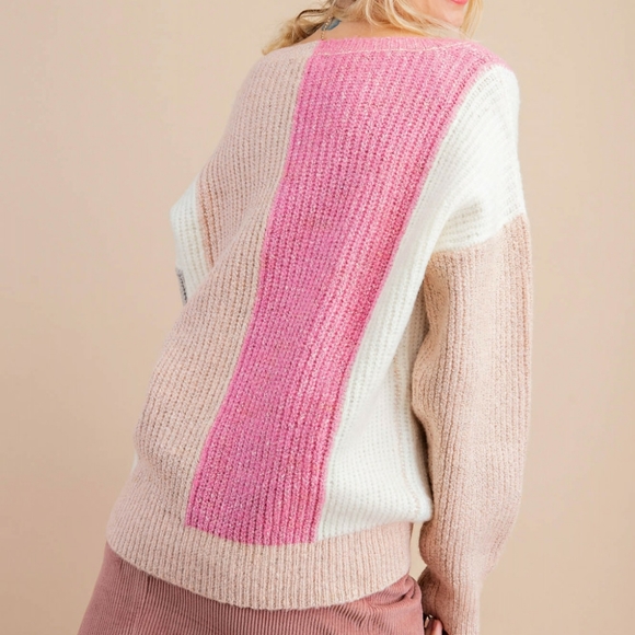 Ice Queen Pink Coloblock V Neck Sweater - Picture 3 of 8